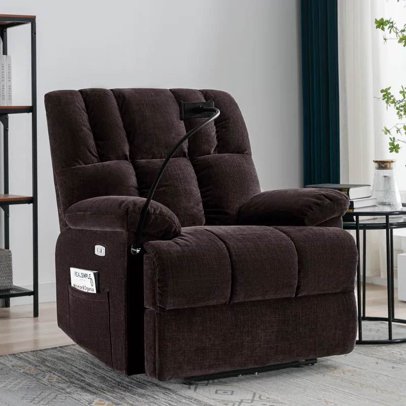 Francessca 40" Wide Overstuffed Chenille Fabric Power Recliner with Phone Holder, USB Port
