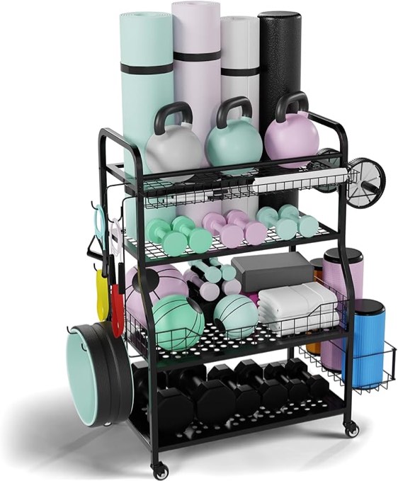 Fit & Zen Weight Rack for Dumbbells and Plates - Home Gym Storage Rack for Dumbbells, Kettlebells, Yoga Mat Storage and Strength Training Workout Equipment Storage Organizer, Dumbbell Rack for Home