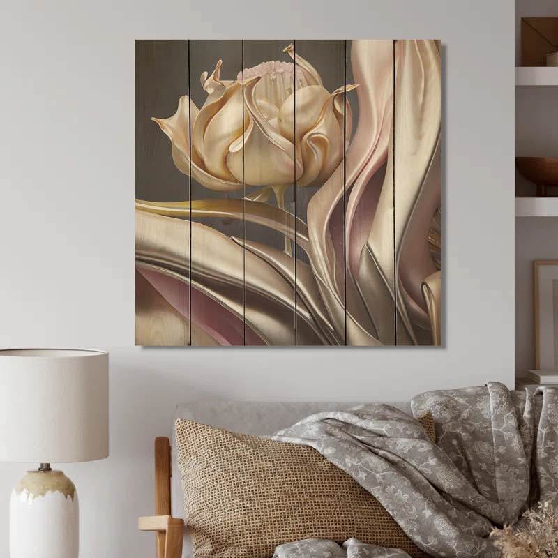 Stylish Glam Flowers In Gold And Taupe II - Unframed Print on Wood