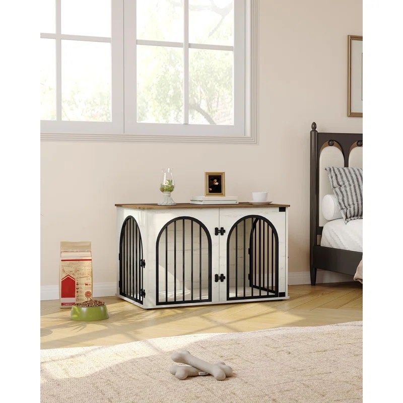 44.1" Dog Crate Furniture, Indoor Arched Door Design, 3 Door Wooden Dog Crate Furniture, Anti-Chew