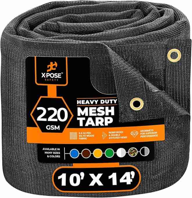 Xpose Safety Heavy Duty Mesh Tarp – 10’ x 14’ Multipurpose Black Protective Cover with Air Flow - Use for Tie Downs, Shade, Fences, Canopies, Dump Trucks – Tear Resistant
