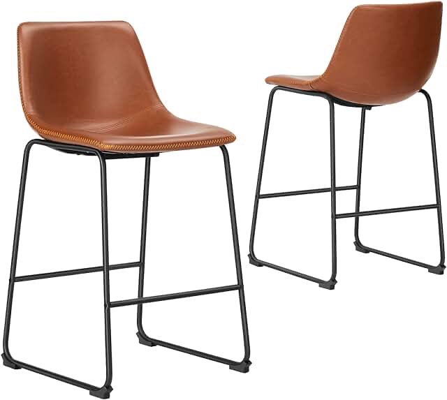 Sweetcrispy Bar Stools Set of 2, Counter Height Bar Stools with Back, 26 inch Armless Industrial Faux Leather Barstools with Metal Legs and Footrest, Dining Chairs for Home Island, Whiskey Brown