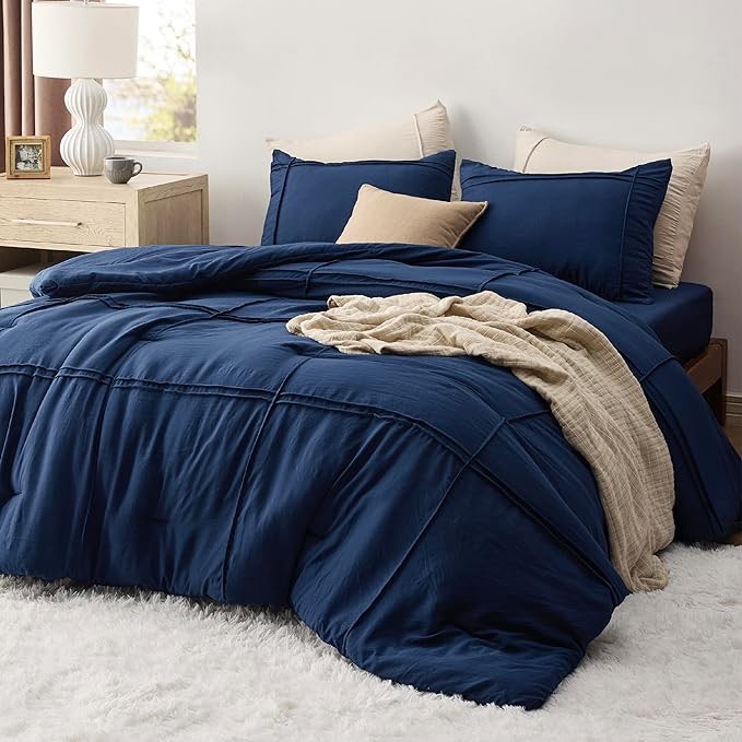 Bedsure King Comforter Set with Sheets - 4 Pieces Soft Navy Blue Bedding Sets, Grid Pinch Pleat, All Season Lightweight Fluffy Bed Set with Solid Boho Comforter, Pillowcases & Sheets