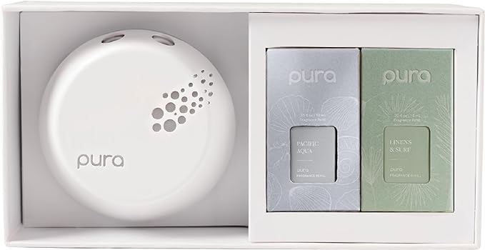 Pura Smart Fragrance Diffuser Device Set - Home Scent Diffuser with Pura Refills - 1 Fragrance Diffuser, 1 Linens & Surf, 1 Pacific Aqua