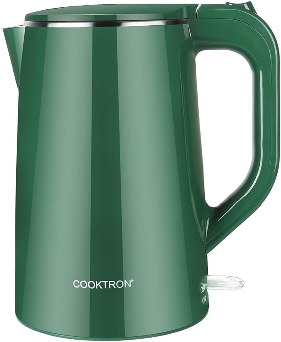 COOKTRON 1.7L Electric Kettle Quiet, Double Wall Hot Water Boiler BPA-Free, Quiet Boil and Cool Touch Tea Kettle, Cordless with Auto Shut-Off & Boil Dry Protection, 1500W Fast Boiling, Green