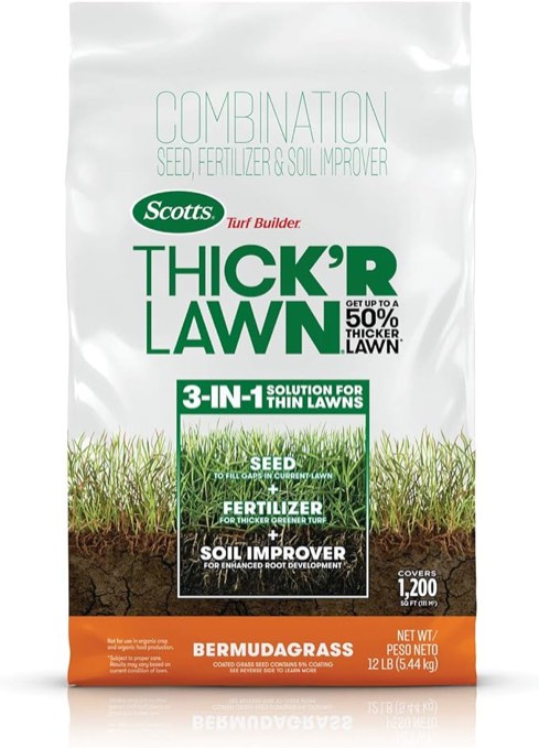 Scotts Turf Builder THICK'R LAWN Grass Seed, Fertilizer, and Soil Improver for Bermudagrass, 1,200 sq. ft., 12 lbs. 12 lb. Thick'R Lawn