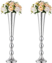 Trumpet Vase Wedding Centrepieces for Tables: Nuptio 2 Pcs Silver Vase 61cm Tall Flower Stand Road Lead for Weddings Party Dinner Centrepiece, Tabletop Vases for Anniversary Birthday Home Decoration 2 x L Silver