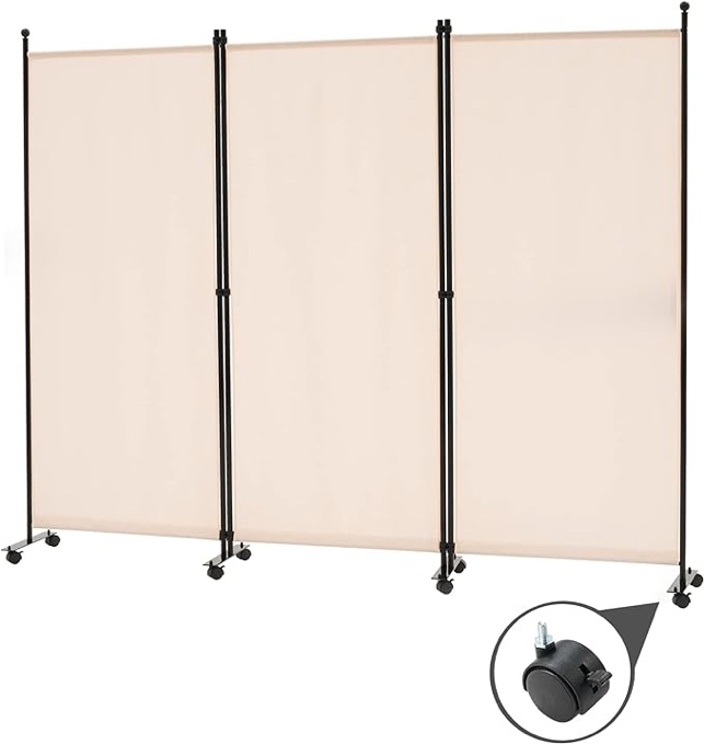 3 Panel Rolling Room Divider, Folding Partition Privacy Screens, Freestanding Fabric Room Panel, Portable Folding Wall Divider for Office, Room,Restaurant, Hospital (Beige)