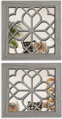 2 PCS Square Rustic Wall Mirror, Farmhouse Wall Mirrors Decorative Brown Wall Mirror for Bedroom Entry Living Room Dining Room (12”x12