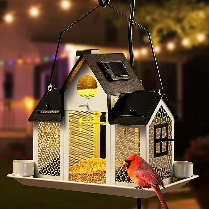 Solar Bird Feeders for Ourside,Bird House Bird Feeder,Hanging Metal Mesh Wild Window Large Finch Cardinal Bird Feeder Nest Houses,Bird Feeder Outdoors and Garden Decoration 