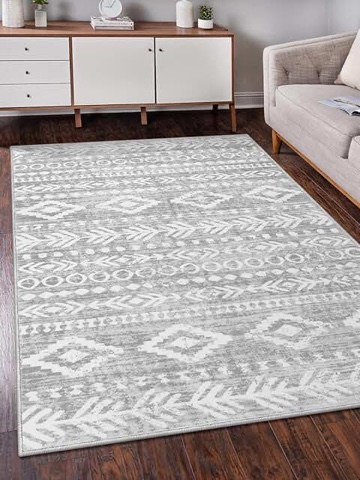 Lanffia Moroccan Area Rug, 5x7 Washable Living Room Rug Large Farmhouse Playroom Rug, Indoor Non-Slip Accent Throw Rug for Bedroom Dining Room Kitchen Entryway Bathroom Office Carpet, Grey