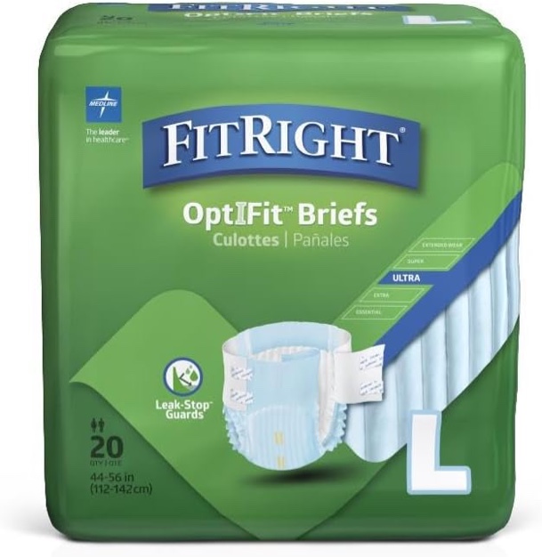FitRight Ultra Adult Diapers, Disposable Incontinence Briefs with Tabs, Heavy Absorbency, Large, 44"-56", 4 packs of 20 (80 total)