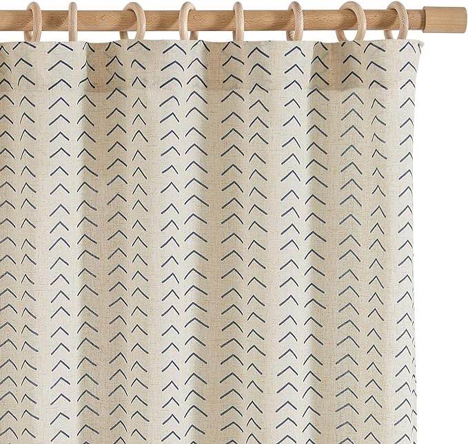 jinchan Printed Linen Curtains, 84 Inch Length 2 Panels Boho Curtains for Living Room, Blue Flax Linen Farmhouse Herringbone Curtains, Rod Pocket Back Tab Light Filtering Window Curtain Set