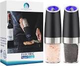 Gravity Salt and Pepper Electric Grinder, Battery Operated, Black Top with Blue LED Light, Adjustable Coarseness (Black)