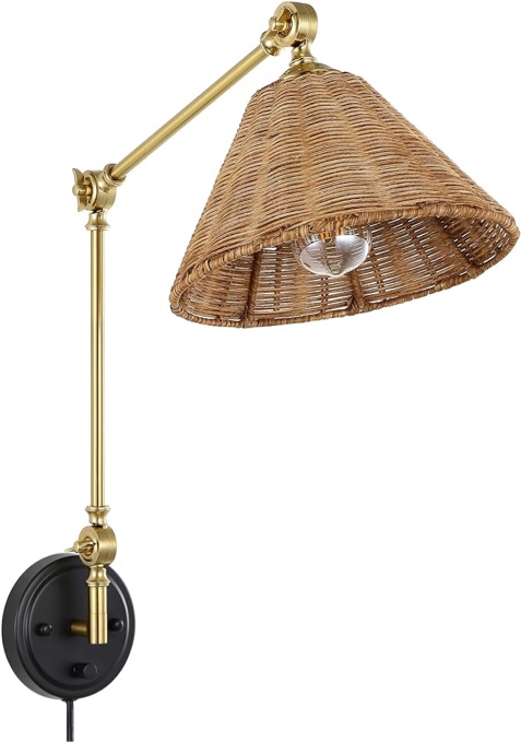 WINGBO Wall Sconce Rattan Wrapped Wall Lamp, Adjustable Swing Arm Wall Light Foldable Gold Light Fixture Vintage Bedside Light Wicker Handmade Shade Brass Reading Light Plug in or Hardwire (1 Pack)