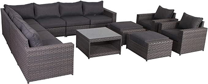 SunHaven Resin Wicker Outdoor Patio Furniture Set - 12 Piece Conversation Sectional Premium All Weather Gray Rattan Wicker, Aluminum Frame with Deluxe Fade Resistant Olefin Cushion (12 Piece Cromwell)
