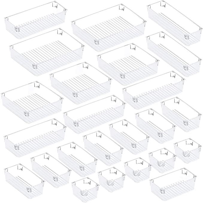Puroma 24Pcs Desk Drawer Organizer Set 5-Size Versatile Vanity and Desk Drawer Storage Bins, Clear Plastic Drawer Organizer Trays and Customize Layout Organizer Container for Makeup Kitchen (Clear)