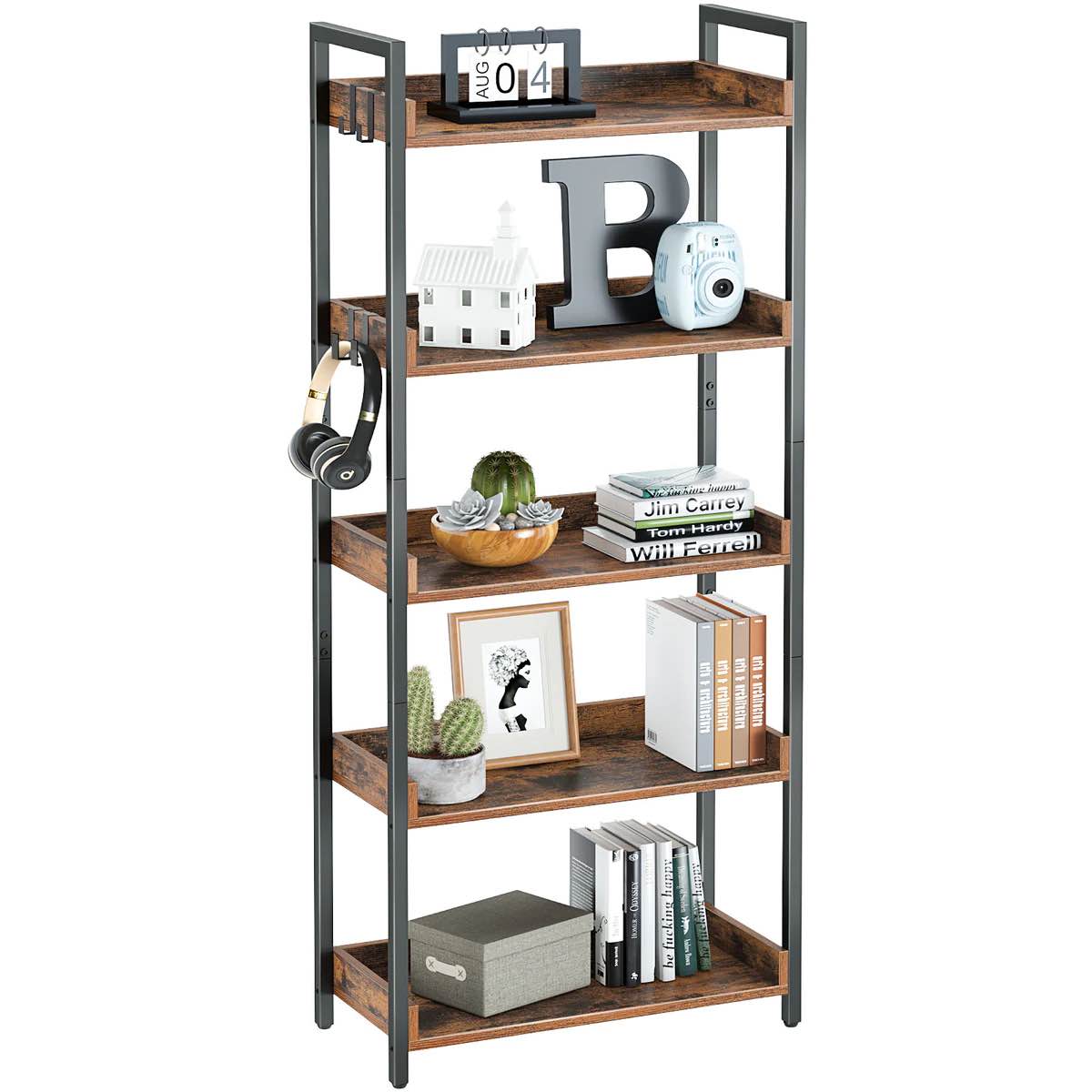Rolanstar Multi-Tier Etagere Bookcase & Display Rack with side lip and 4 Hooks