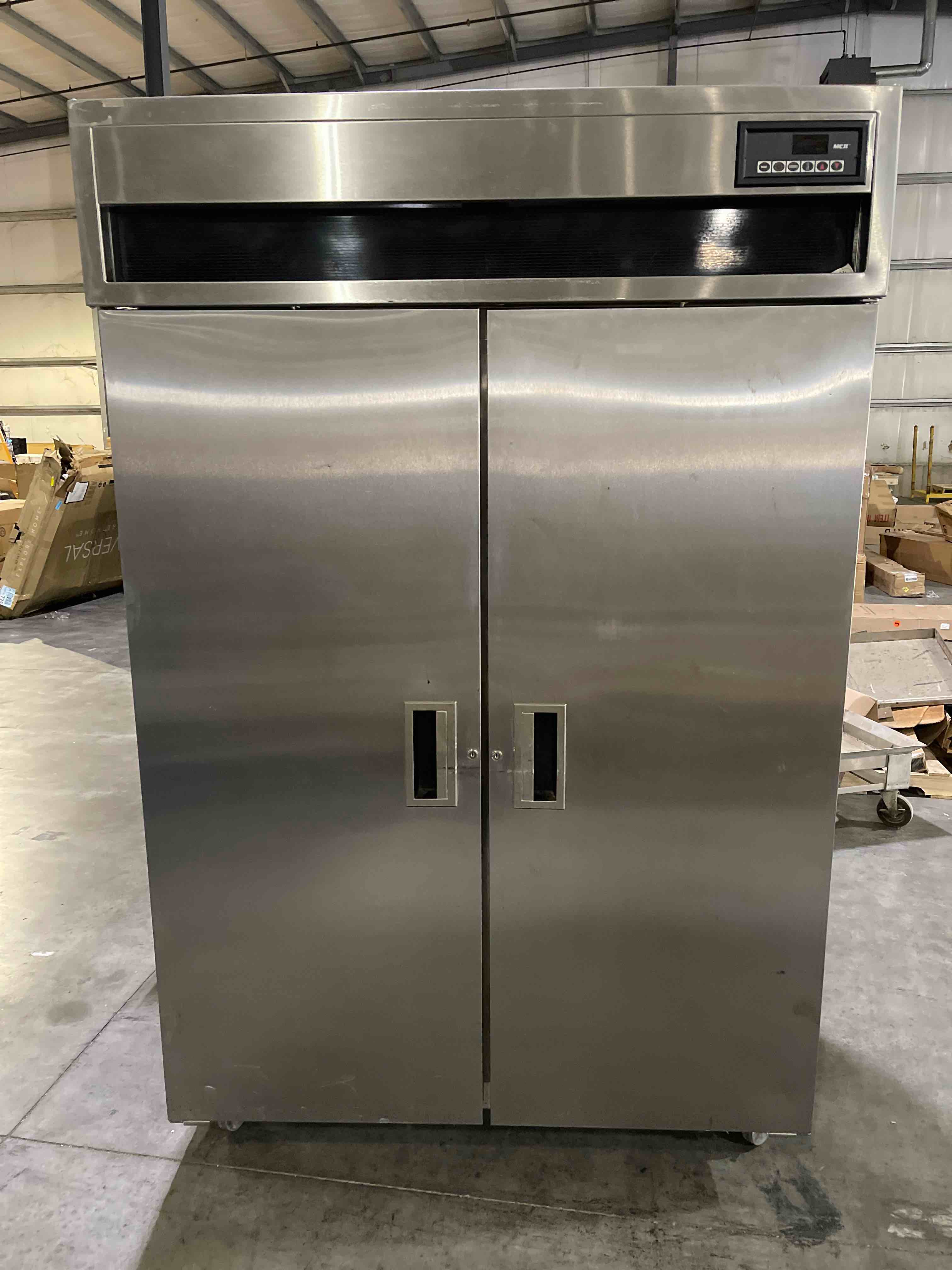 DELFIELD STAINLESS STEEL 2-DOOR REACH-IN REFRIGERATOR ON CASTERS