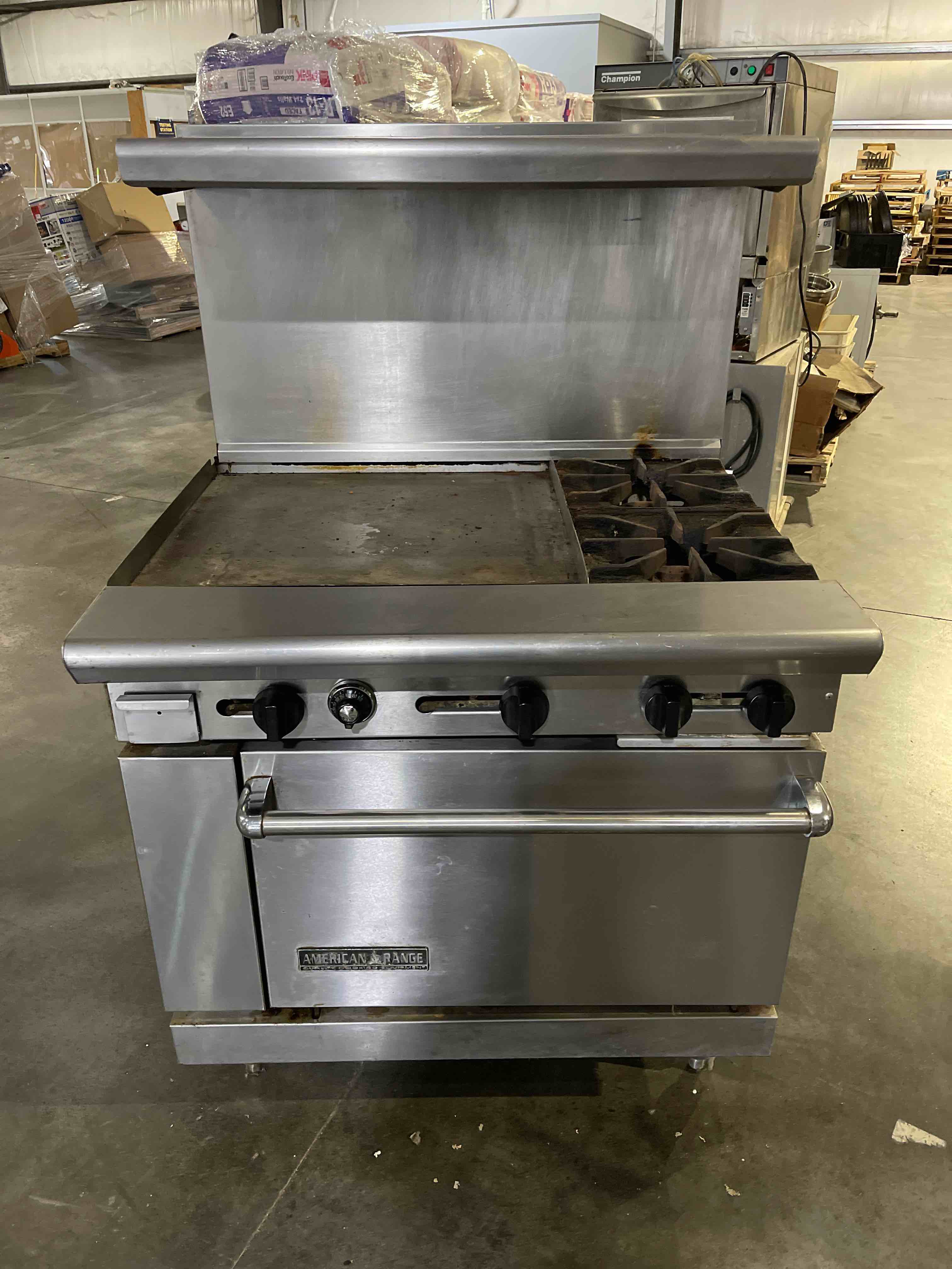AMERICAN RANGE 36 INCH STAINLESS STEEL NATURAL GAS 2-BURNER WITH 24 INCH FLAT GRILL AND OVEN