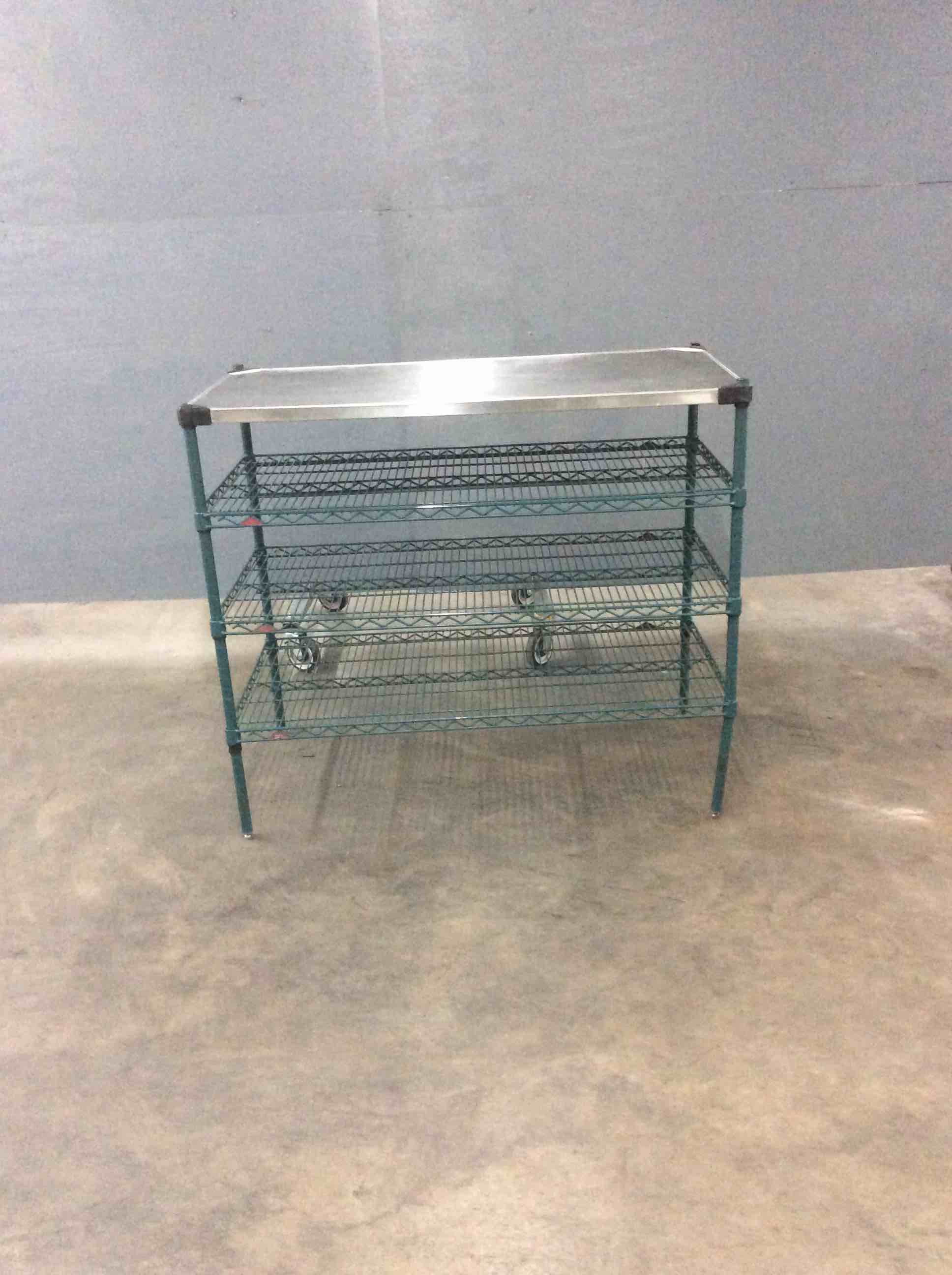 METRO 3 SHELF GREEN EPOXY WIRE RACK WITH STAINLESS STEEL TABLE TOP