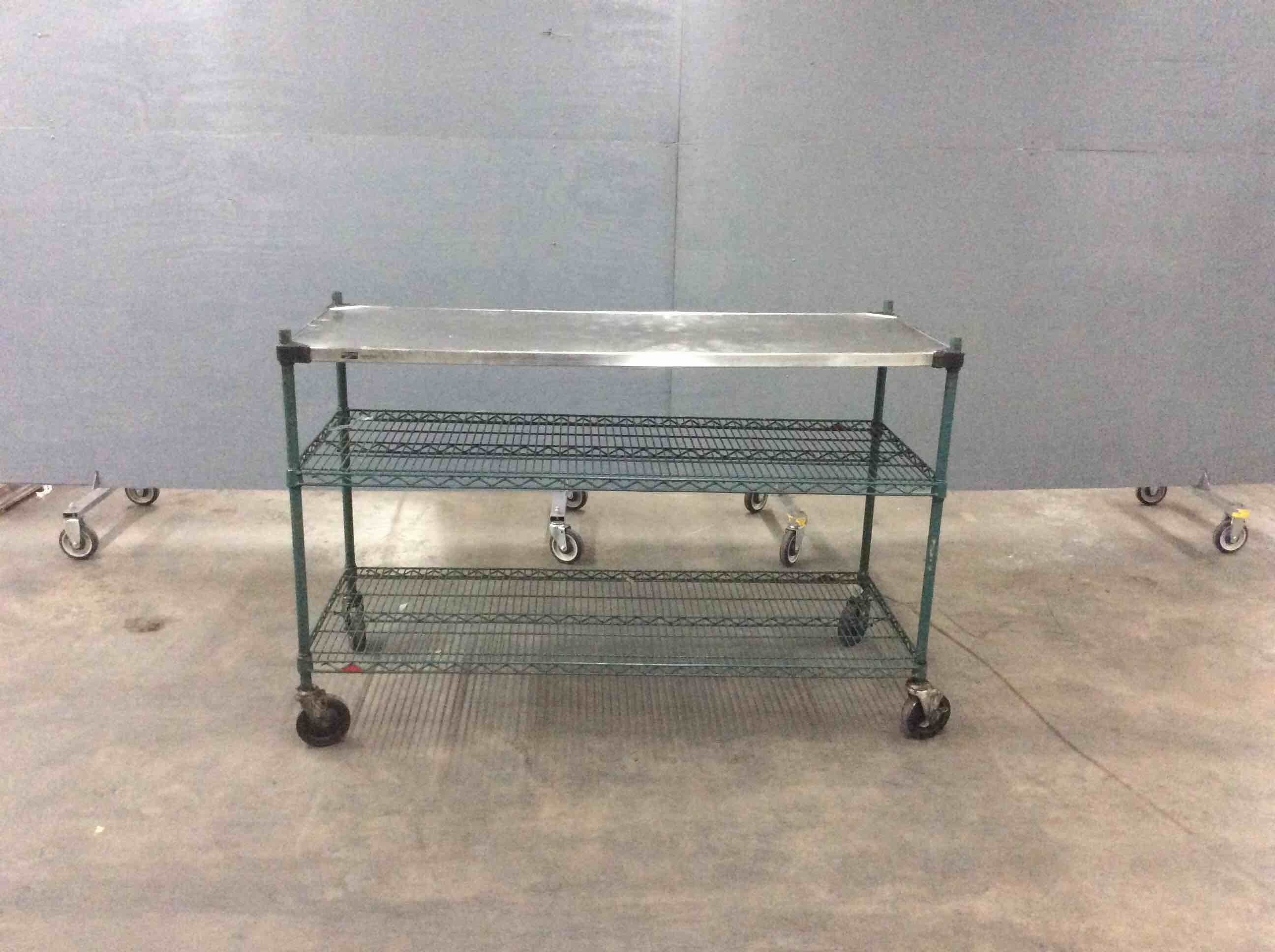METRO 2 SHELF GREEN EPOXY WIRE RACK WITH STAINLESS STEEL TOP ON CASTERS 