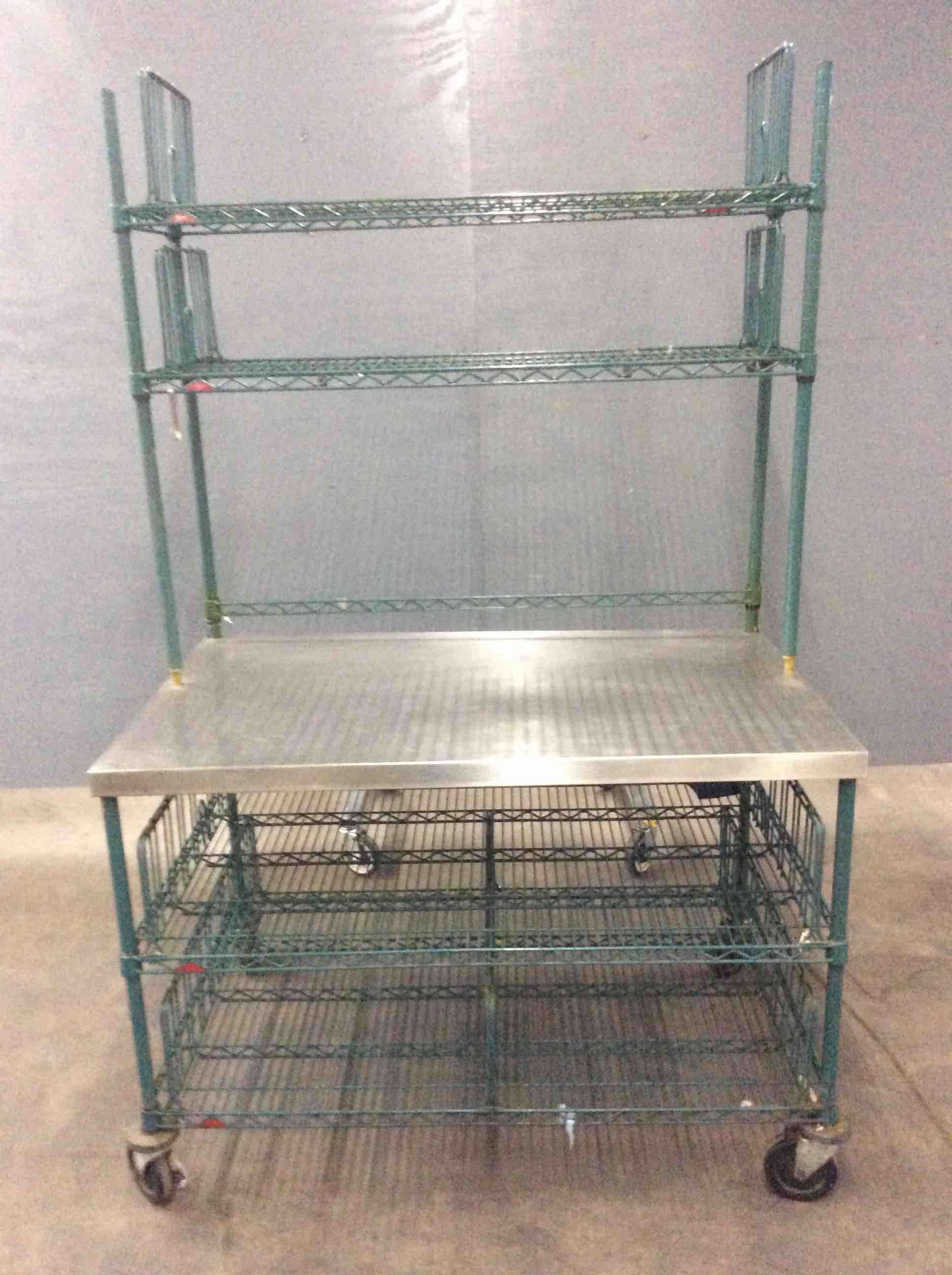  METRO 2 SHELF GREEN EPOXY TABLE WITH STAINLESS STEEL TOP AND DOUBLE OVER SHELF