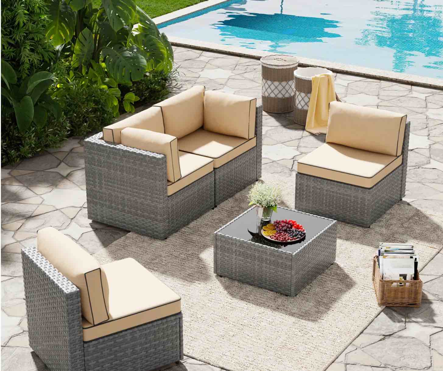( incomplete ) ( similar ) ( 5 Cushions ) Silver Rattan Navy Blue Cushion Outdoor Seating Group -Two Armless Chairs And An Ottoman