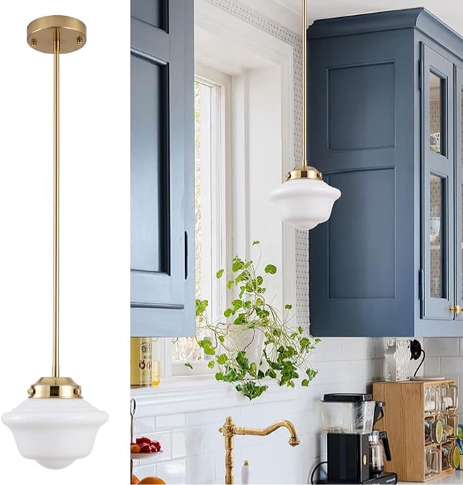 SAMTEEN Modern Schoolhouse Pendant Light Fixture 10-Inch Gold Hanging Pendant Light Milk Glass Pendant Lighting for Kitchen Island Dining Room Hallway, Adjustable Height