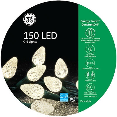 GE Energy Smart 150 LED Warm White C6 Lights Green Wire Indoor/Outdoor 49.6ft