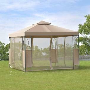 miscellaneous brown screened in shelter canopy with tan tarp