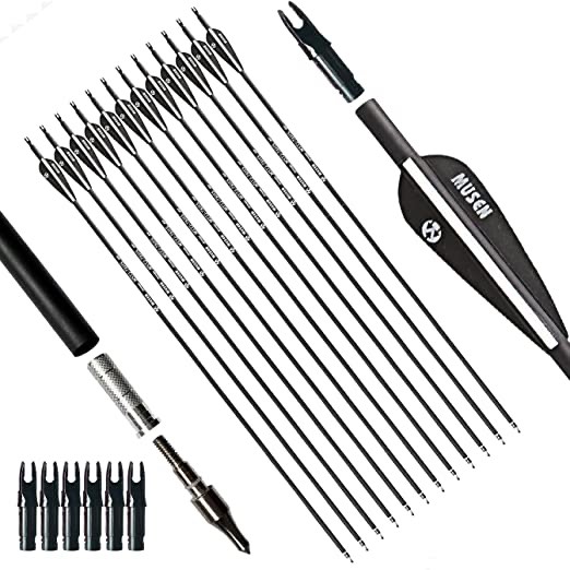 Musen Archery 30/28 Inch Carbon Practice Targeting Arrows with Removable for Youth Compound & Recurve Bow Target (Pack of 12)