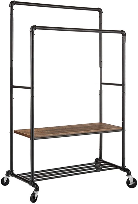 Greenstell Clothes Rack with Shelves, Industrial Pipe Style Rolling Garment Rack, Heavy Duty Double Rods Clothes Hanging Rack, Adjustable Height Durable Coat Rack for Organizing Clothes and Shoes