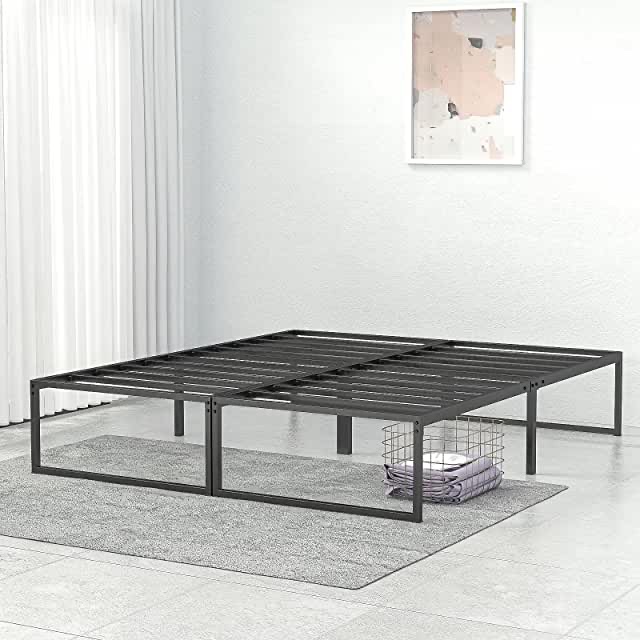 Molblly 14" Queen Bed Frame Assembly/ /Frame Bed / Underbed Storage Space/ Noise Free/ No Box Spring/Heavy Duty Steel Slat/ Anti-Slip Support/ Easy , Non-Slip Design Black Queen Size Metal Bed Frames