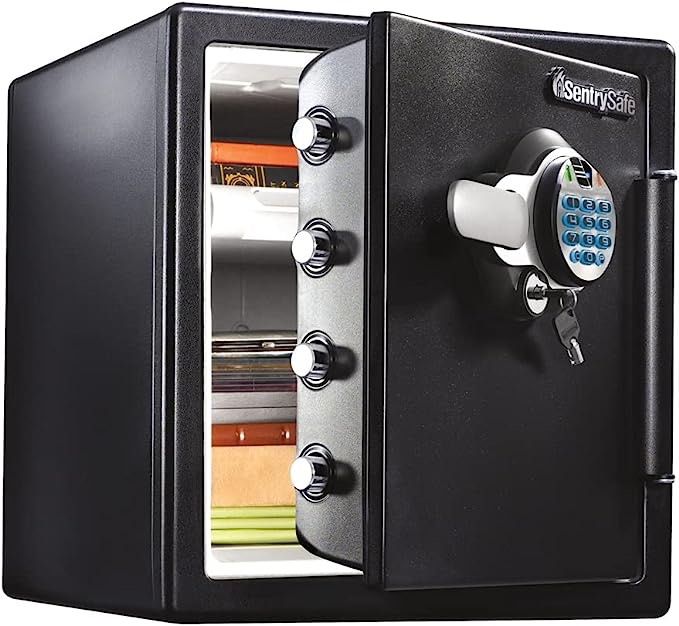 SentrySafe Fireproof and Waterproof Home Safe with Biometric Lock, Secure Documents and Valuables, Steel Safe with Fingerprint Lock, 1.23 Cubic Feet, 17.8 x 16.3 x 19.3 Inches, SFW123BTC