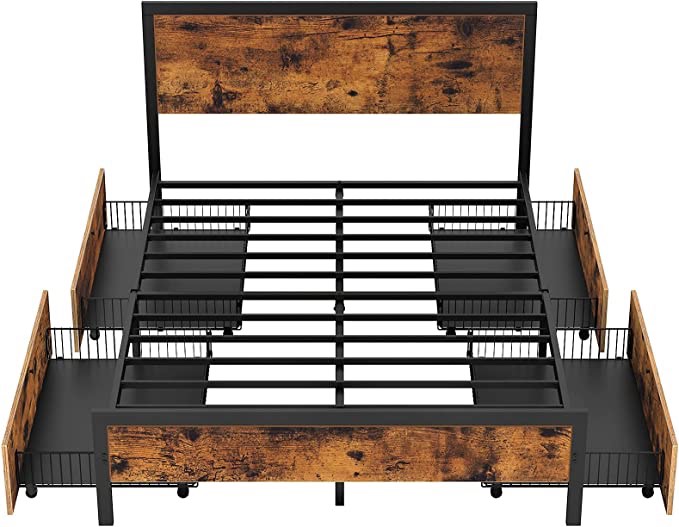 Rolanstar Queen Bed Frame with Headboard and 4 Drawers, Metal Platform Bed with Large Storage Space, Mattress Foundation / No Box Spring Needed, Noise Free, Rustic Brown