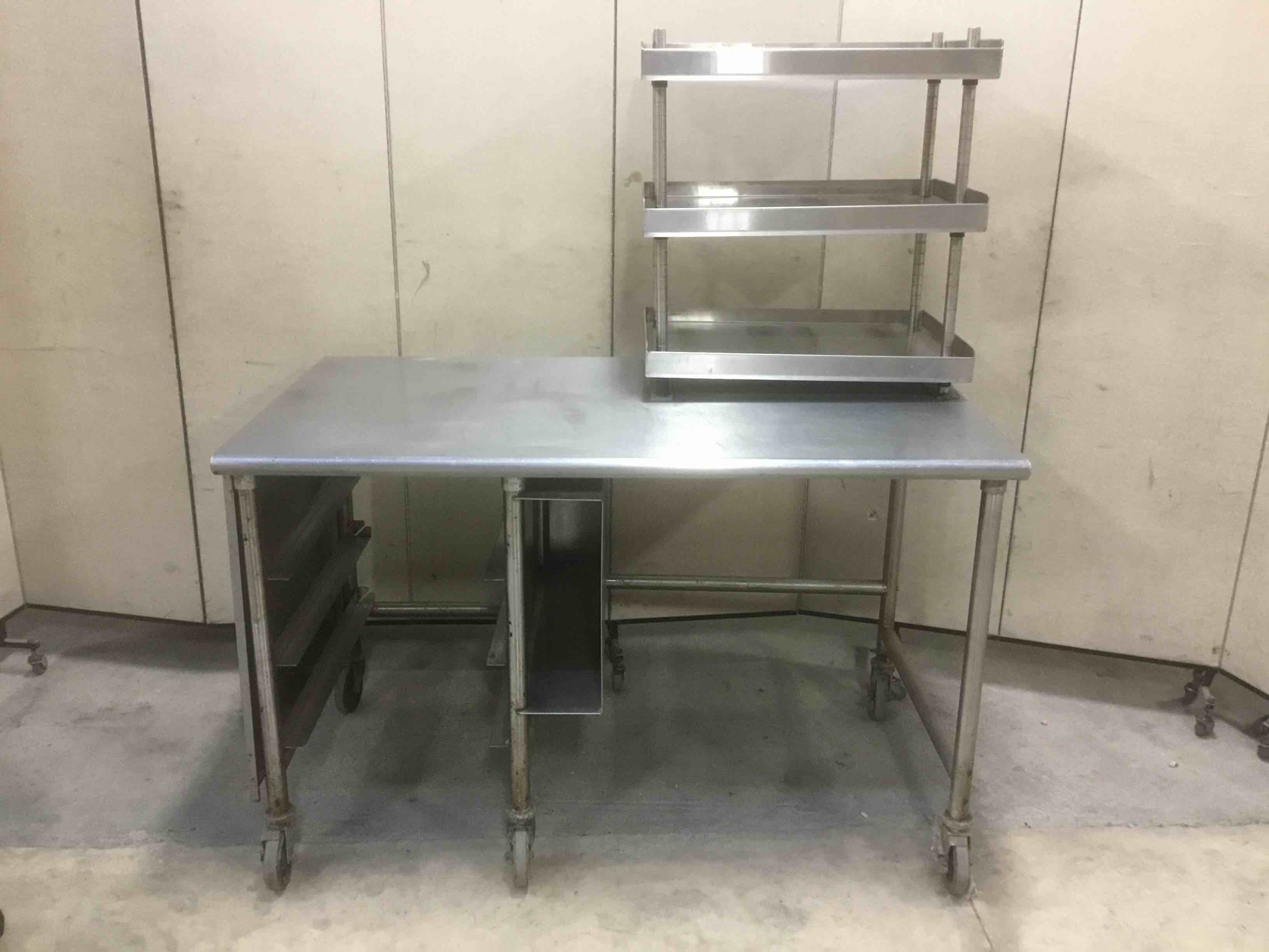 60 INCH STAINLESS STEEL TABLE WITH 3 TIER SHEET PAN RACK AND 28X18 INCH COUNTERTOP SHELF ON CASTERS 