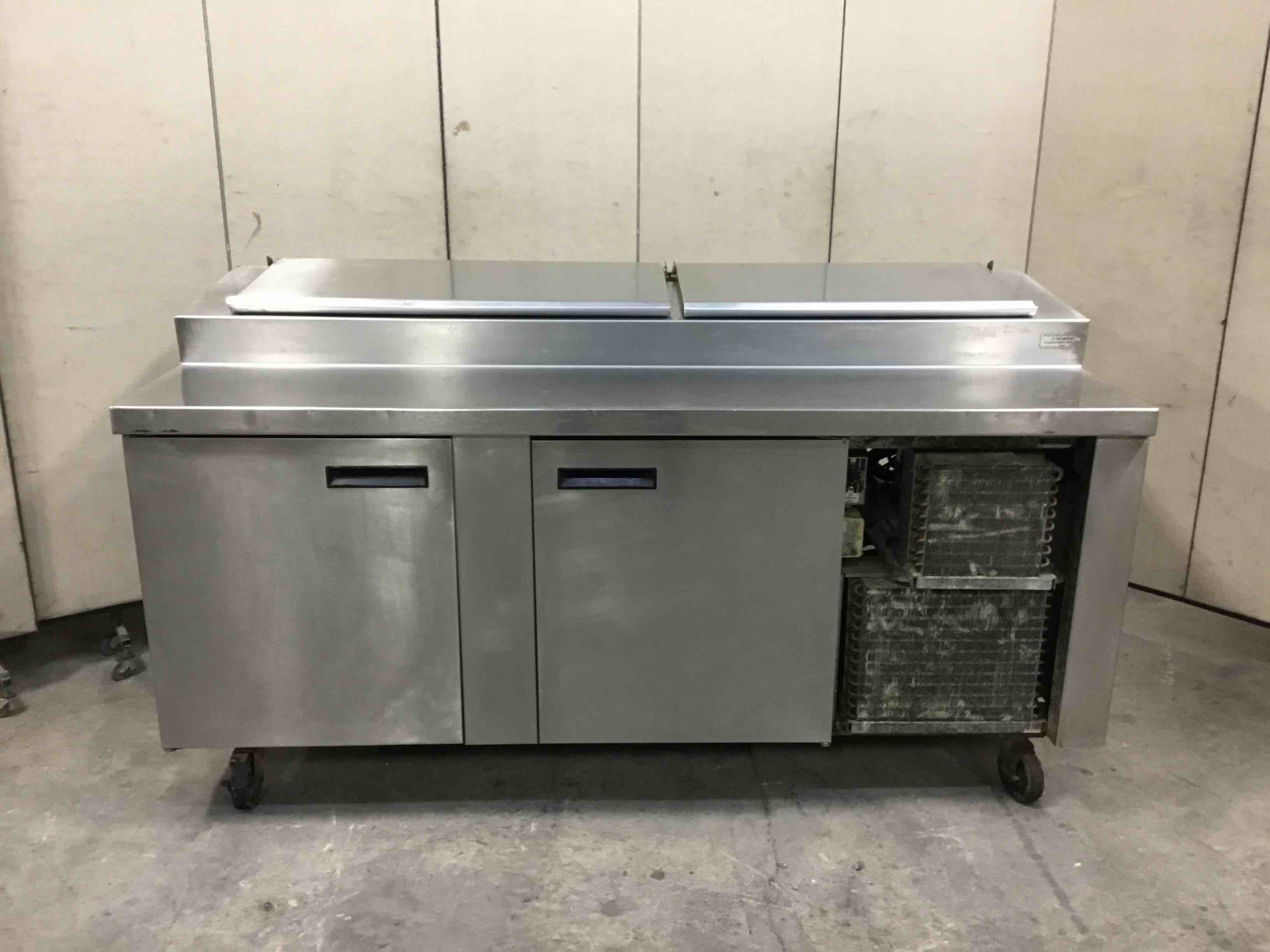 2014 DELFIELD 78 INCH STAINLESS STEEL DUAL COMPRESSOR REFRIGERATED RAISED PREP RAIL WITH FREEZER BASE
