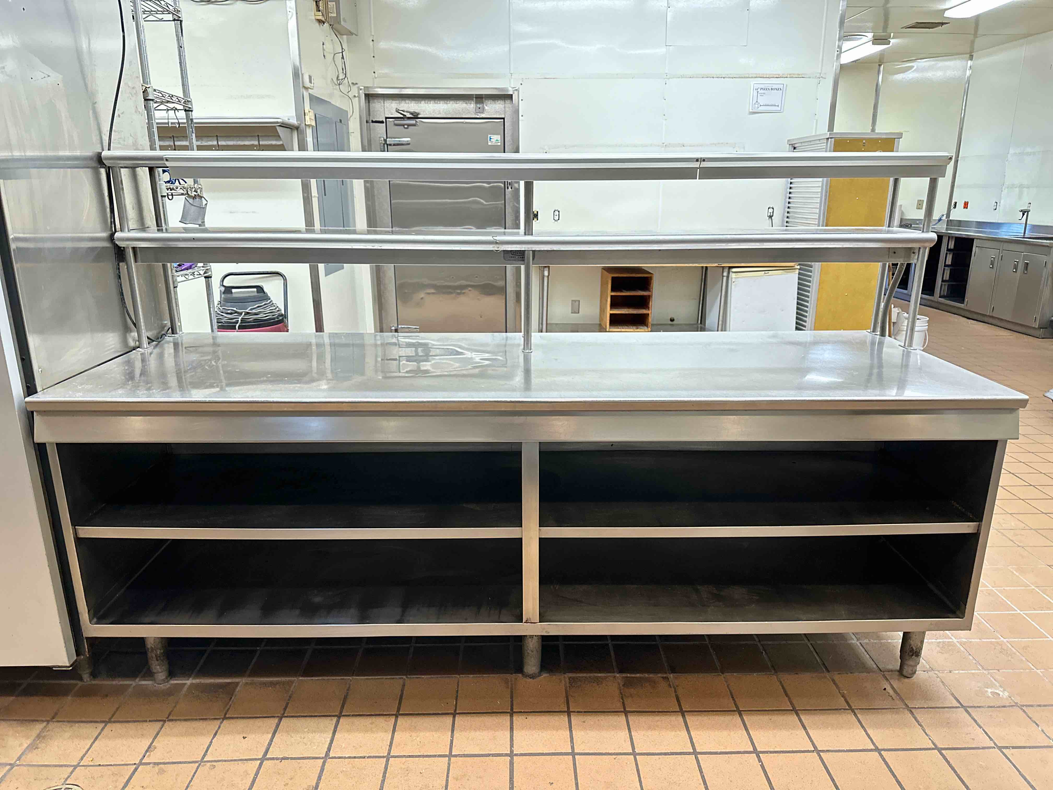 DOUBLE SIDED STAINLESS STEEL CABINET WITH DOUBLE OVER SHELF AND FOOD WARMER