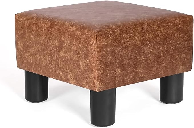 Joveco Small Footstool Ottoman Faux Leather Footrest Modern Square Foot Stool for Couch Desk Office Living Room Bedroom (Light Brown)