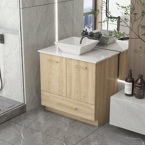 FUFU&GAGA Bathroom Cabinet with Sink Combo, 2- Door Bathroom Vanity with Drawer Maple(sink only)