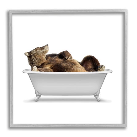 Bathroom Wildlife Bear In Tub Framed On Wood by Annalisa Latella Graphic Art