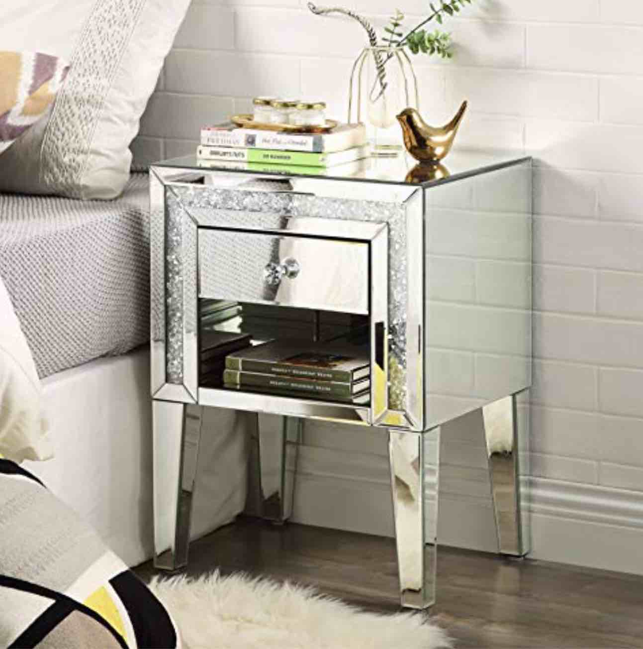 Mireo Mirrored Nightstand With Crystal Diamond Inlay, Silver Mini Cabinet With One Drawers, End Table For Bedroom Living Room From Mir