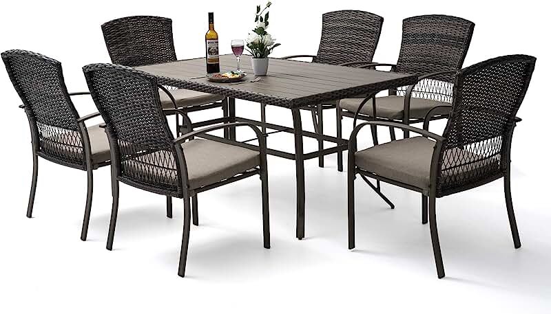 Pamapic 7 Piece Patio Dining Set, Outdoor Dining Table Set, Patio Wicker Furniture Set for Backyard Garden Deck Poolside/Iron Slats Table Top, Removable Cushions(Beige)