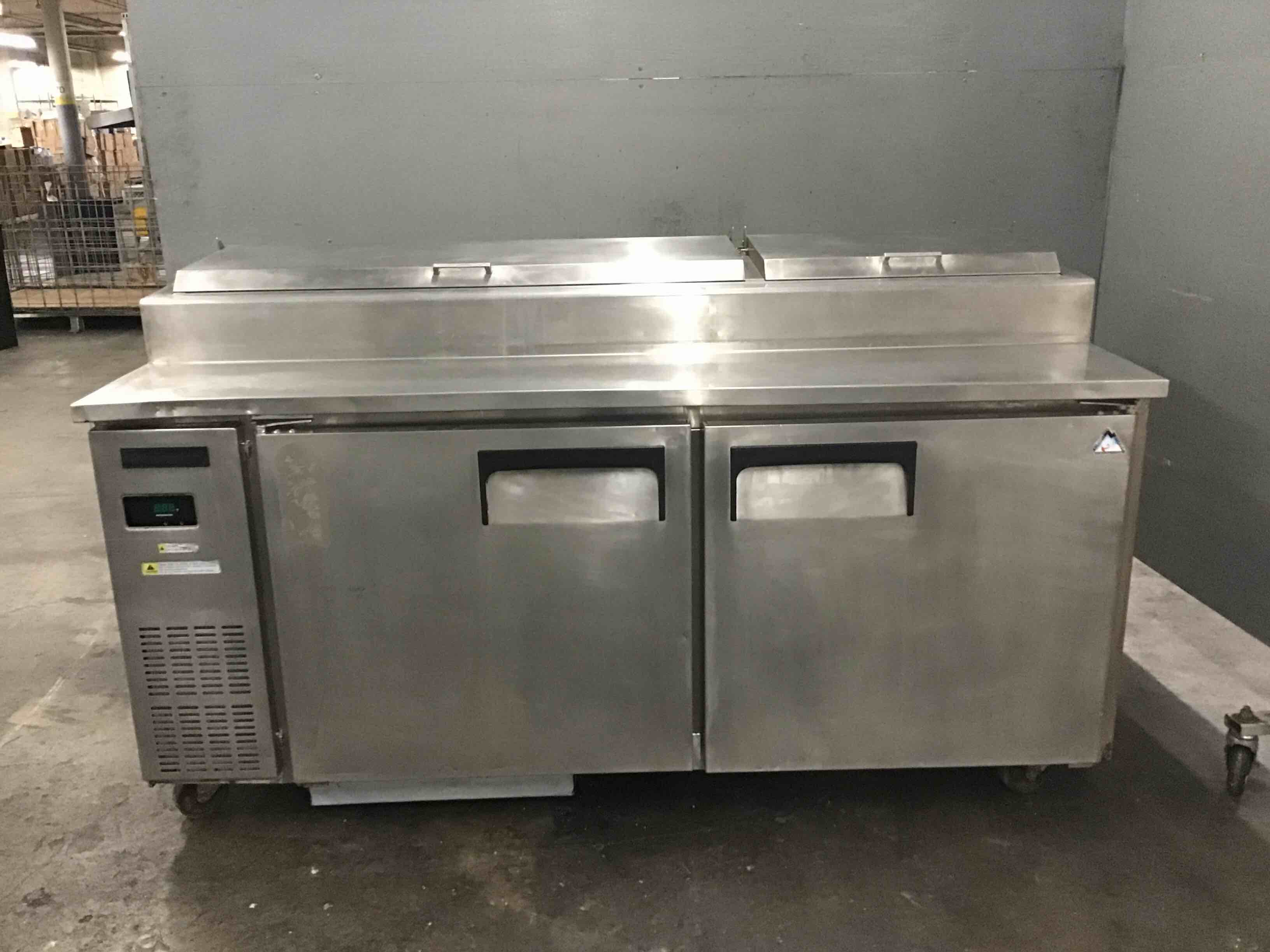 Everest Stainless Steel 71.18 Inch  Two-Door Refrigerated Pizza Prep Table On Casters