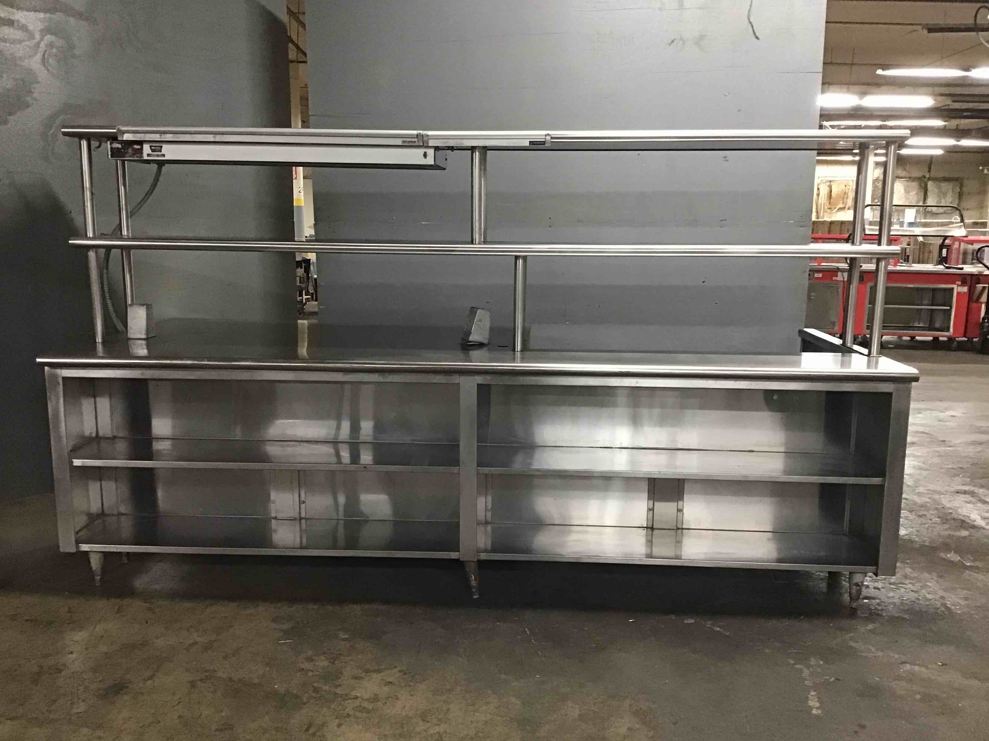 San Jamar Stainless Steel 120 Inch Prep Station With Shelving , Outlets And Hatco Glo Ray 48 Inch Food Warmer