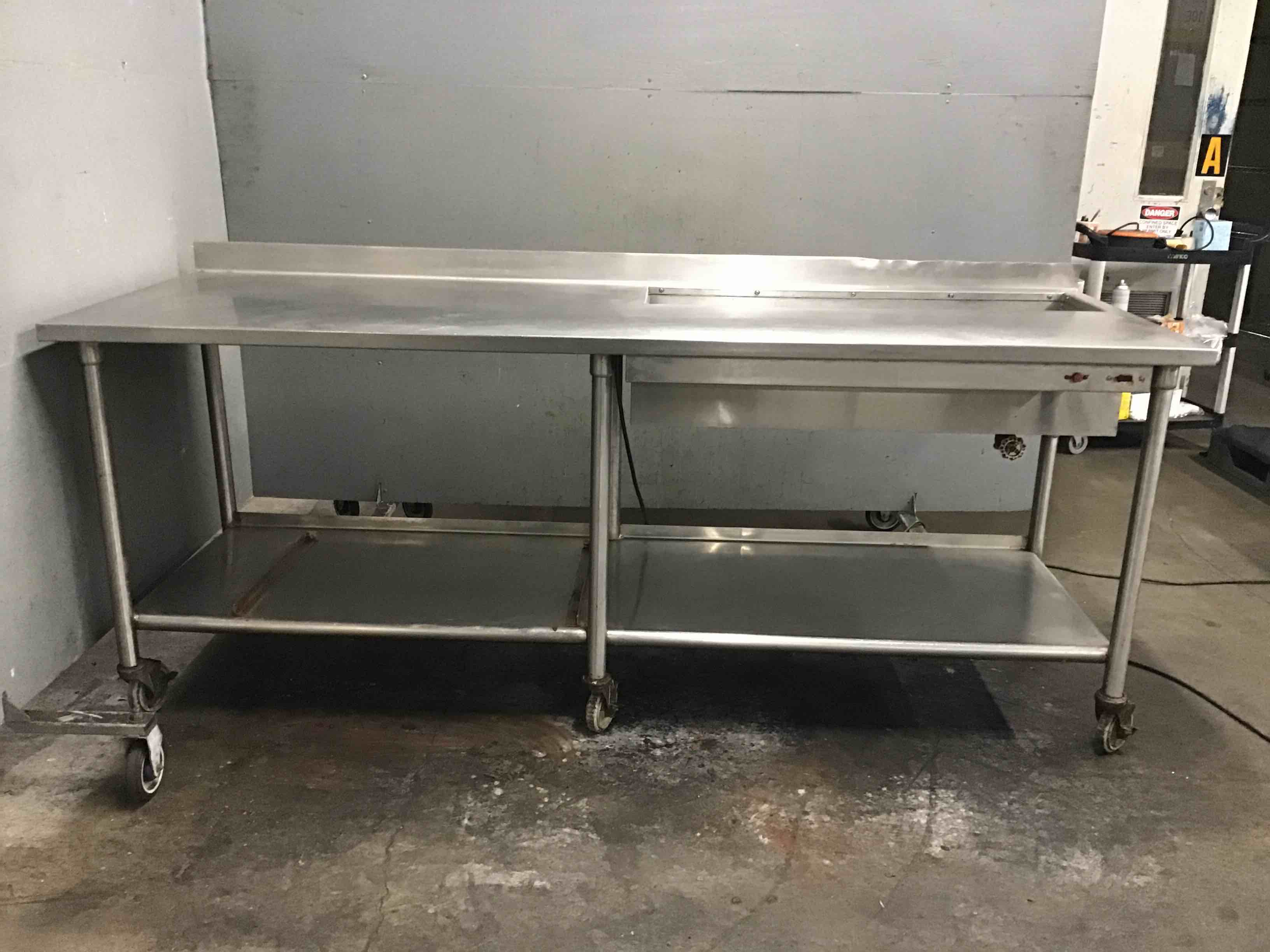 Stainless Steel 88.38 Inch Table On Casters With Under Shelf, Electric Heated Right Side Counter, And 34 Inch Cold Pan