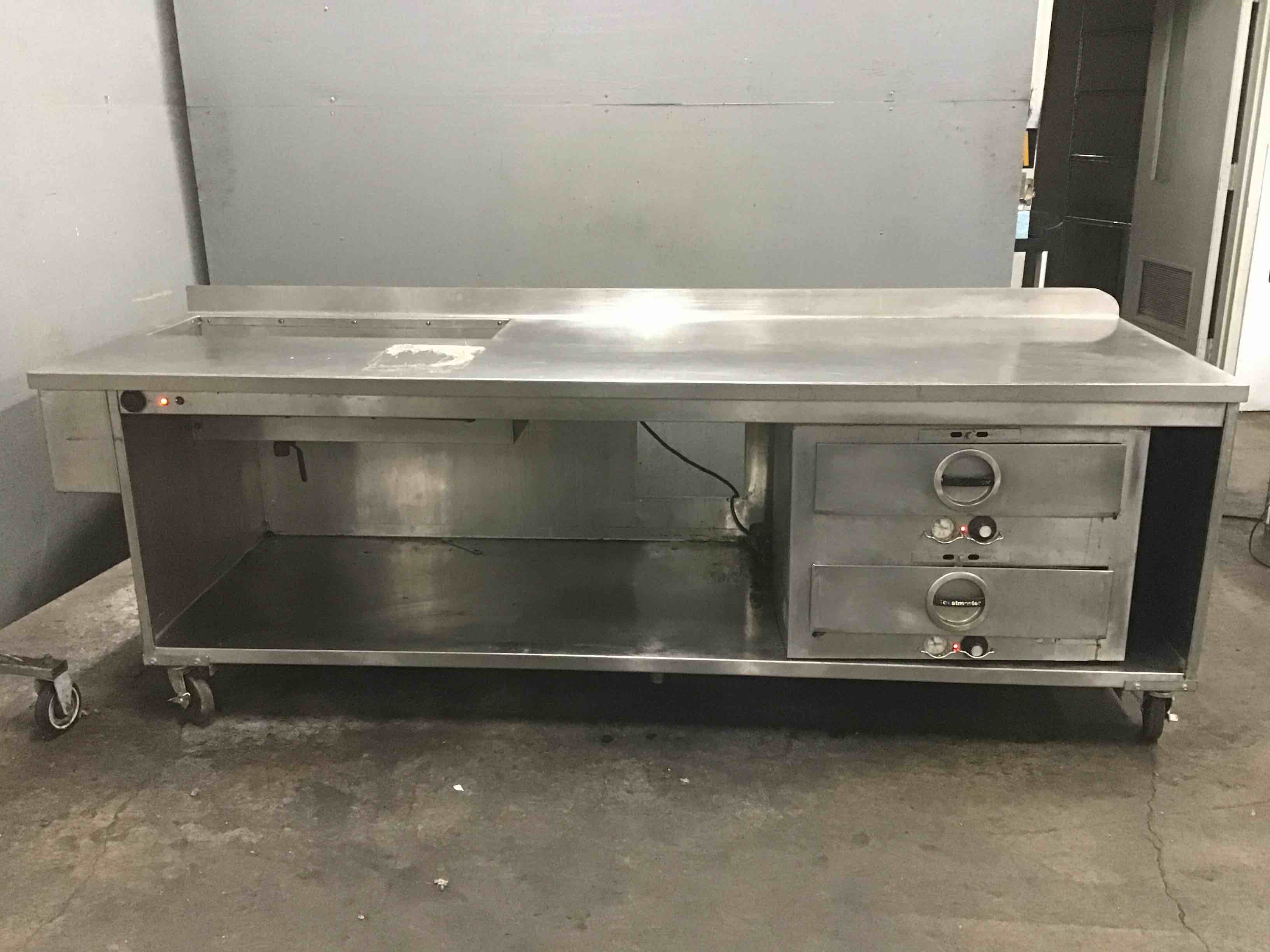 Stainless Steel 99 Inch Cabinet On Casters With Electric Heated Left Side Counter 34 Inch Cold Pan And Toast Master Stainless Steel 2 Drawer Countertop Warmer 
