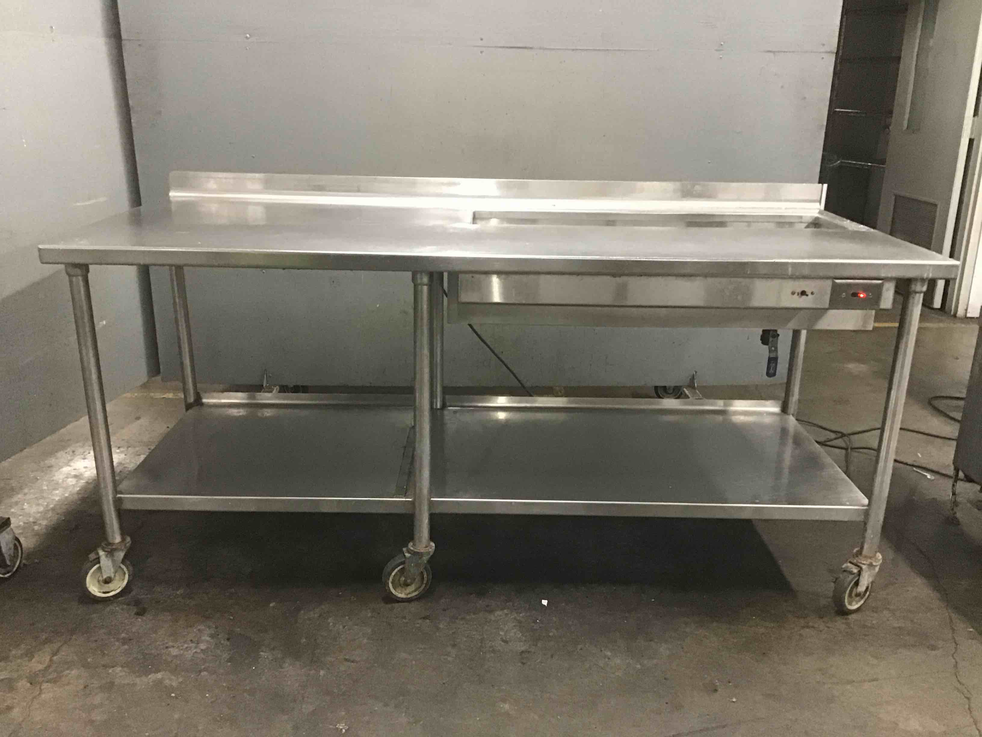 Stainless Steel 80 Inch Table On Casters With Under Shelf, 34 Inch Cold Pan, And Electric Heated Right Side Countertop 