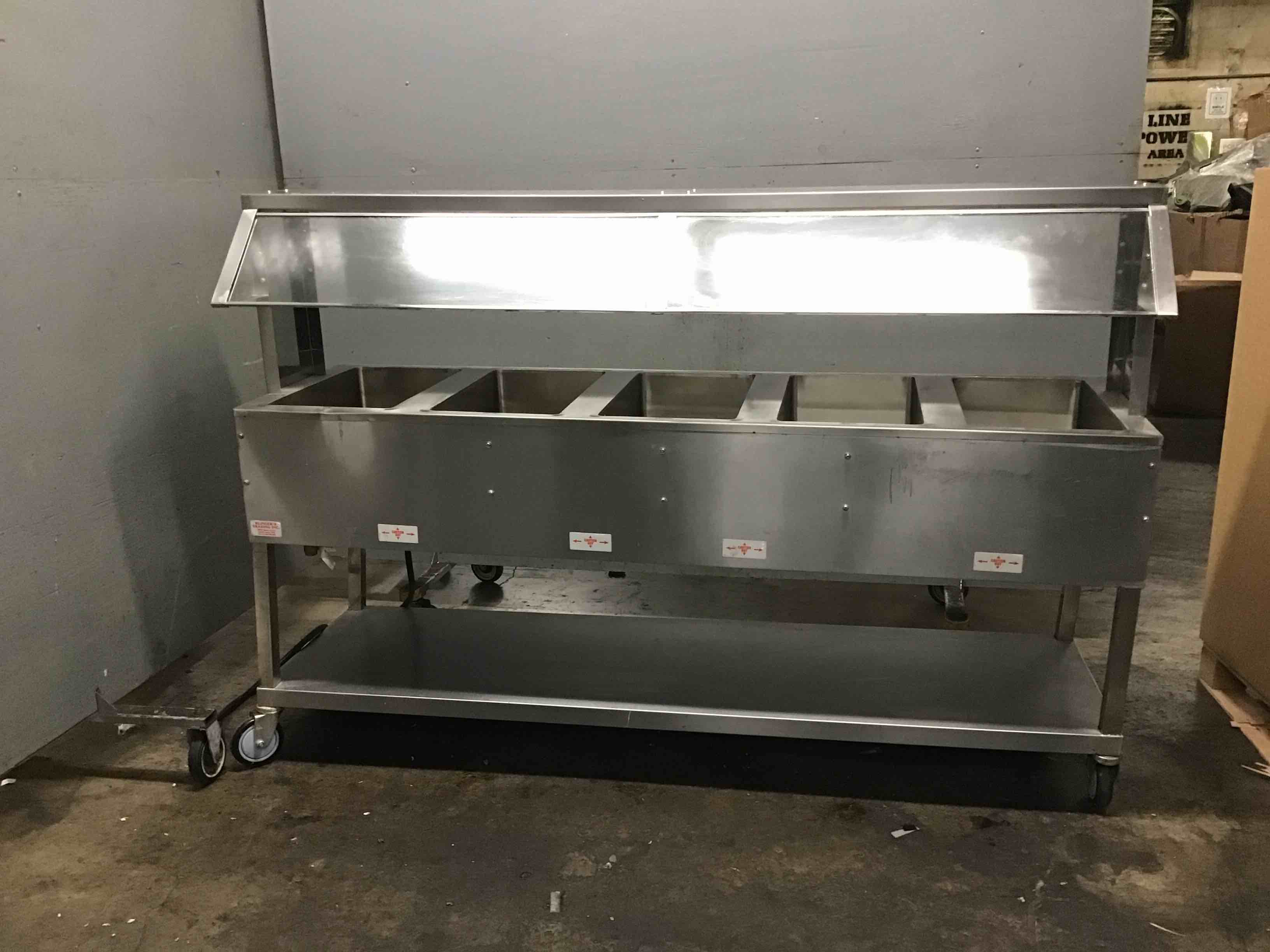 Klinglers Trading Inc. Stainless Steel 78 Inch 5 Well Steam Table With Sneeze Guards On Casters